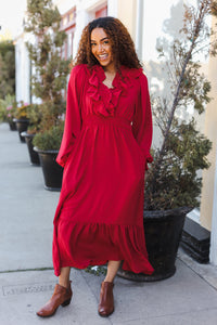 Beautiful You Holiday Overlap Ruffle V Neck Midi Dress in Red