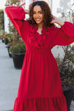 Load image into Gallery viewer, Beautiful You Holiday Overlap Ruffle V Neck Midi Dress in Red
