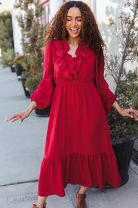 Beautiful You Holiday Overlap Ruffle V Neck Midi Dress in Red