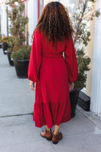 Load image into Gallery viewer, Beautiful You Holiday Overlap Ruffle V Neck Midi Dress in Red
