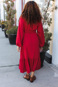 Beautiful You Holiday Overlap Ruffle V Neck Midi Dress in Red