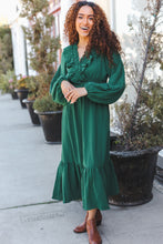 Load image into Gallery viewer, Beautiful You Holiday Overlap Ruffle V Neck Midi Dress in  Green
