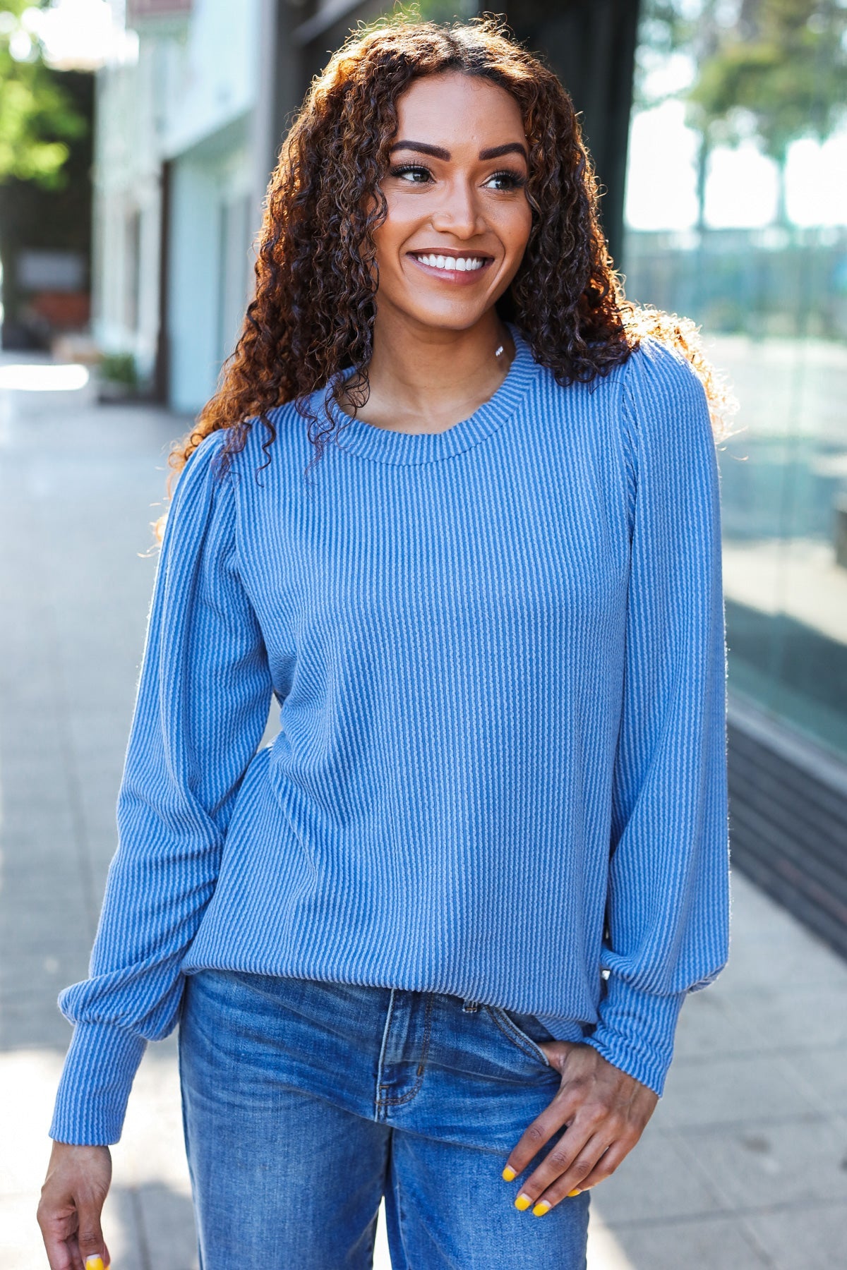 Everyday Rib Mineral Wash Long Sleeve Top in Vintage Denim