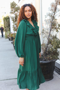 Beautiful You Holiday Overlap Ruffle V Neck Midi Dress in  Green