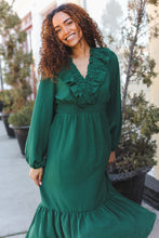 Load image into Gallery viewer, Beautiful You Holiday Overlap Ruffle V Neck Midi Dress in  Green
