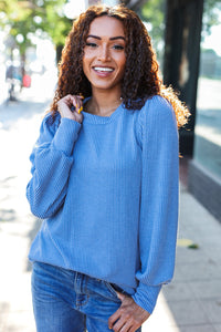 Everyday Rib Mineral Wash Long Sleeve Top in Vintage Denim