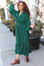 Load image into Gallery viewer, Beautiful You Holiday Overlap Ruffle V Neck Midi Dress in  Green
