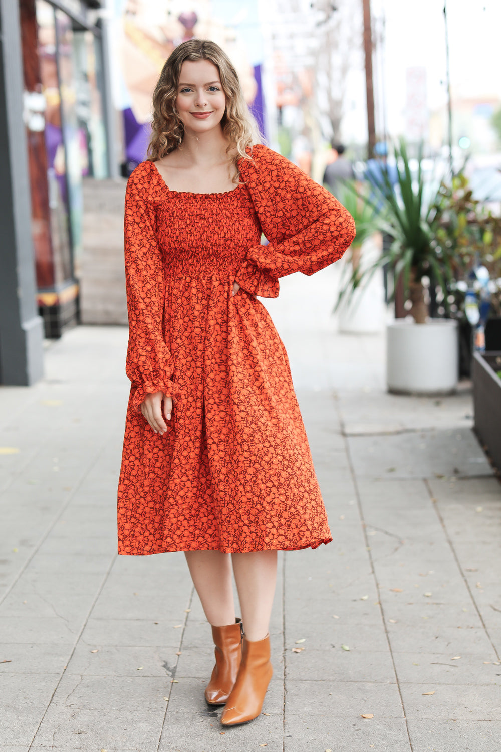 Keep You Close Smocking Ditsy Floral Woven Dress in Rust