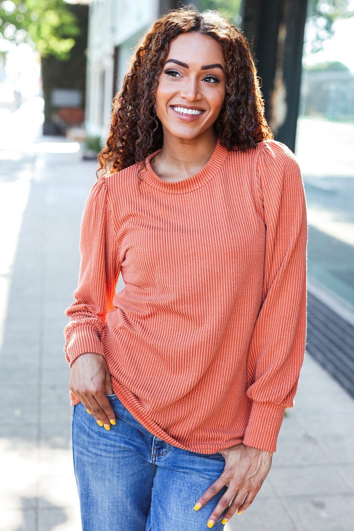 Everyday Rib Mineral Wash Long Sleeve Top in Rust