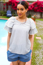 Load image into Gallery viewer, Lovely In Gray Stripe Tiered Ruffle Sleeve Ric Rac Trim Top
