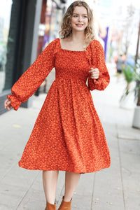 Keep You Close Smocking Ditsy Floral Woven Dress in Rust