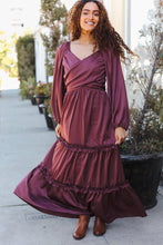 Load image into Gallery viewer, Holiday Vibes Wine Satin Front Overlap Smocked Back Maxi Dress
