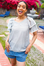 Load image into Gallery viewer, Lovely In Gray Stripe Tiered Ruffle Sleeve Ric Rac Trim Top
