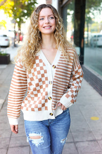 Cozy Days Checkered & Striped Button Down Cardigan in Taupe