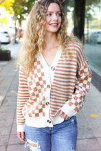 Load image into Gallery viewer, Cozy Days Checkered &amp; Striped Button Down Cardigan in Taupe
