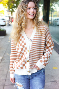 Cozy Days Checkered & Striped Button Down Cardigan in Taupe