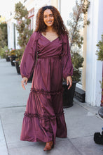 Load image into Gallery viewer, Holiday Vibes Wine Satin Front Overlap Smocked Back Maxi Dress
