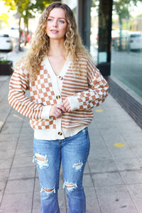 Cozy Days Checkered & Striped Button Down Cardigan in Taupe