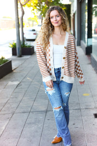 Cozy Days Checkered & Striped Button Down Cardigan in Taupe