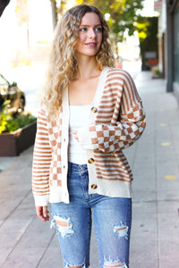 Cozy Days Checkered & Striped Button Down Cardigan in Taupe