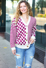 Load image into Gallery viewer, Cozy Days Checkered &amp; Striped Button-Down Cardigan in Magenta
