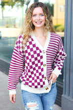 Load image into Gallery viewer, Cozy Days Checkered &amp; Striped Button-Down Cardigan in Magenta
