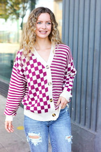 Cozy Days Checkered & Striped Button-Down Cardigan in Magenta