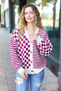 Cozy Days Checkered & Striped Button-Down Cardigan in Magenta