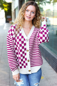 Cozy Days Checkered & Striped Button-Down Cardigan in Magenta