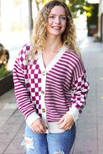 Load image into Gallery viewer, Cozy Days Checkered &amp; Striped Button-Down Cardigan in Magenta
