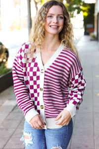 Cozy Days Checkered & Striped Button-Down Cardigan in Magenta