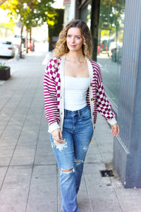 Cozy Days Checkered & Striped Button-Down Cardigan in Magenta