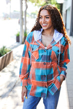 Load image into Gallery viewer, Stand Out Teal &amp; Orange Plaid Fleece Hoodie Shacket
