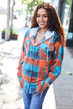 Load image into Gallery viewer, Stand Out Teal &amp; Orange Plaid Fleece Hoodie Shacket
