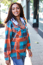 Load image into Gallery viewer, Stand Out Teal &amp; Orange Plaid Fleece Hoodie Shacket
