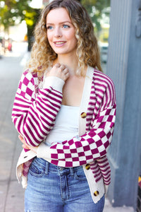 Cozy Days Checkered & Striped Button-Down Cardigan in Magenta