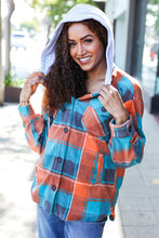 Load image into Gallery viewer, Stand Out Teal &amp; Orange Plaid Fleece Hoodie Shacket
