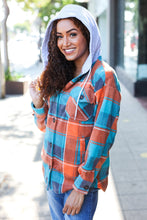 Load image into Gallery viewer, Stand Out Teal &amp; Orange Plaid Fleece Hoodie Shacket
