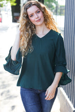 Load image into Gallery viewer, Falling In Love Hi-Lo Ruffle Sleeve Woven Top in Hunter Green
