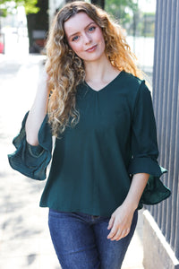 Falling In Love Hi-Lo Ruffle Sleeve Woven Top in Hunter Green