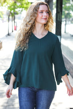 Load image into Gallery viewer, Falling In Love Hi-Lo Ruffle Sleeve Woven Top in Hunter Green
