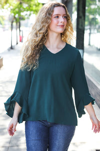 Falling In Love Hi-Lo Ruffle Sleeve Woven Top in Hunter Green