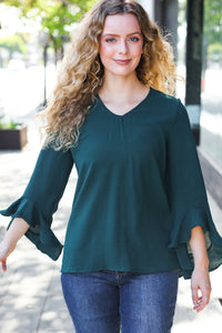 Falling In Love Hi-Lo Ruffle Sleeve Woven Top in Hunter Green