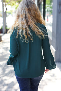 Falling In Love Hi-Lo Ruffle Sleeve Woven Top in Hunter Green