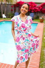 Load image into Gallery viewer, Hello Beautiful Ivory &amp; Fuchsia Floral Sequin Smock Waist Midi Dress
