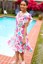 Load image into Gallery viewer, Hello Beautiful Ivory &amp; Fuchsia Floral Sequin Smock Waist Midi Dress
