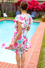 Load image into Gallery viewer, Hello Beautiful Ivory &amp; Fuchsia Floral Sequin Smock Waist Midi Dress
