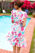 Load image into Gallery viewer, Hello Beautiful Ivory &amp; Fuchsia Floral Sequin Smock Waist Midi Dress
