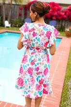 Load image into Gallery viewer, Hello Beautiful Ivory &amp; Fuchsia Floral Sequin Smock Waist Midi Dress
