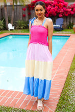 Load image into Gallery viewer, Vacay Vibes Hot Pink &amp; Blue Smocked Color Block Maxi Dress
